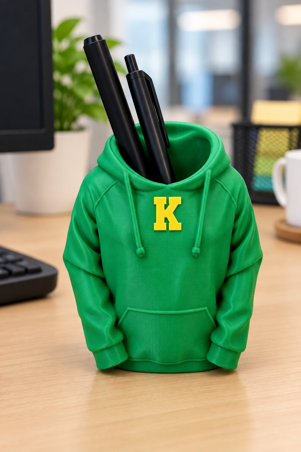 A green pen holder shaped like a hoodie with a yellow letter 'K' on the chest, holding two black pens, set on a desk.